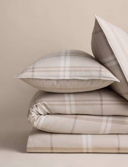 M&S Beige Checked Brushed Cotton Flannelette Bedding Set, 140 x 200 cm
