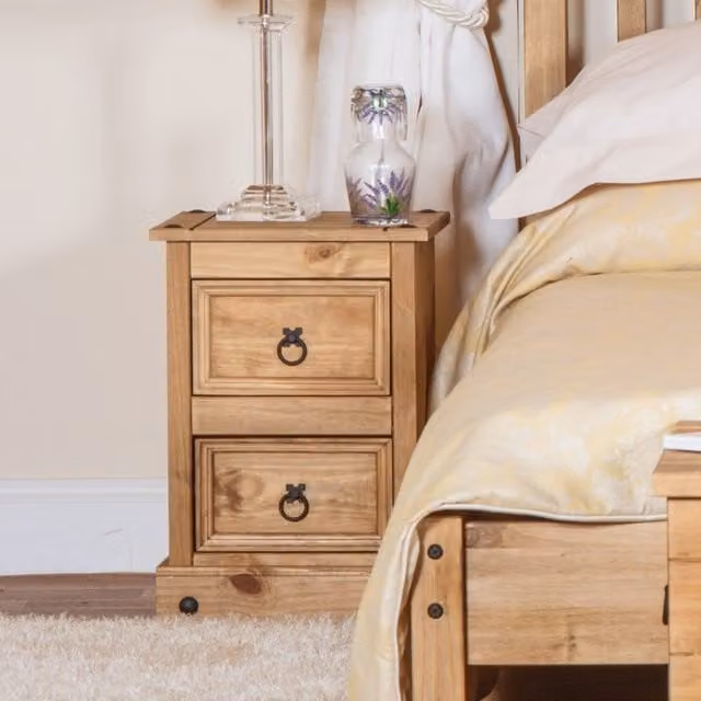 Core Products Ltd Corona 2 Drawer Petite Compact Bedside Cabinet in Antique Wax Brown Pine Wood