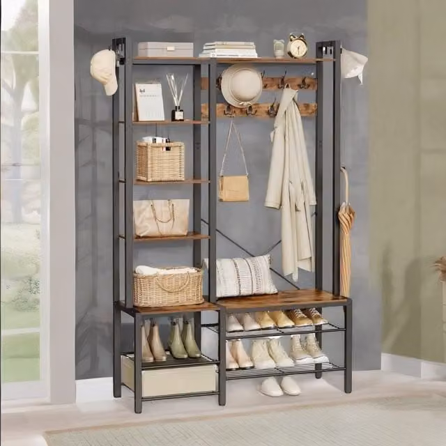 Rafaelo Mobilia Industrial Hall Tree Coat Rack with Shoe Storage and Bench in Brown