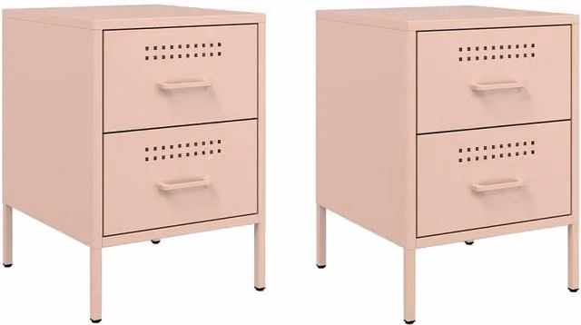 Berkfield Home Set of 2 Pink Metal Bedside Cabinets, W/D/H: 36 x 39 x 50.5 cm