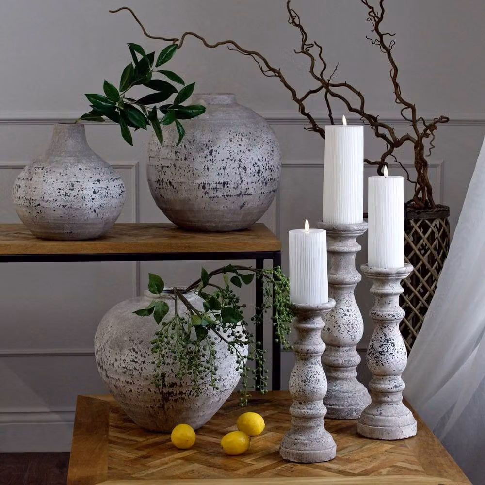 Love Lace Stone Ceramic Pillar Candle Holder in Grey and Beige, H 38 cm x W 14 cm x D 14 cm – 2