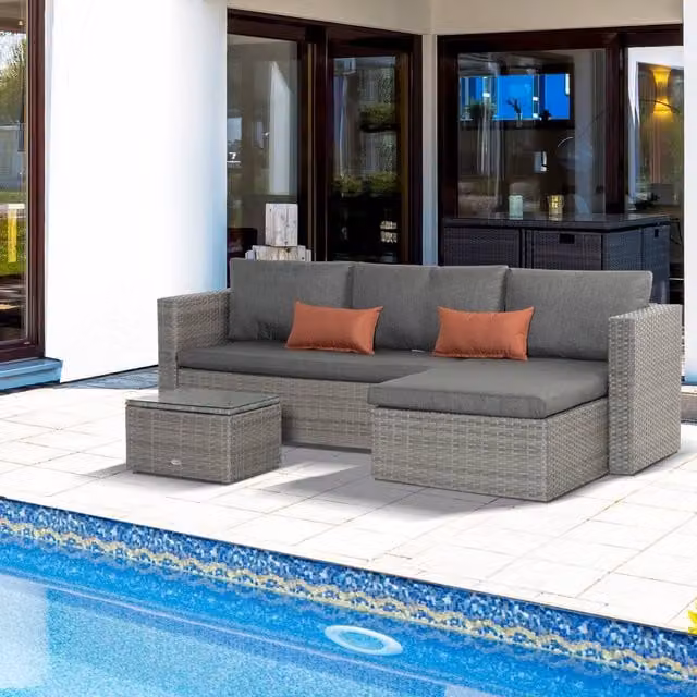 OUTSUNNY 3 Piece Grey PE Rattan Outdoor Sofa Set with Cushions and Tempered Glass Table