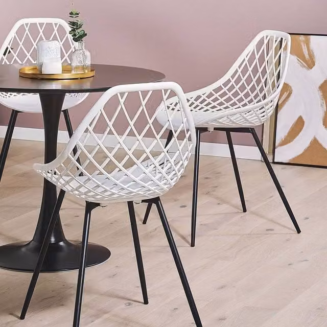 Wyld and Coco Nordic Luxe Set of 2 White Synthetic Dining Chairs with Black Metal Legs