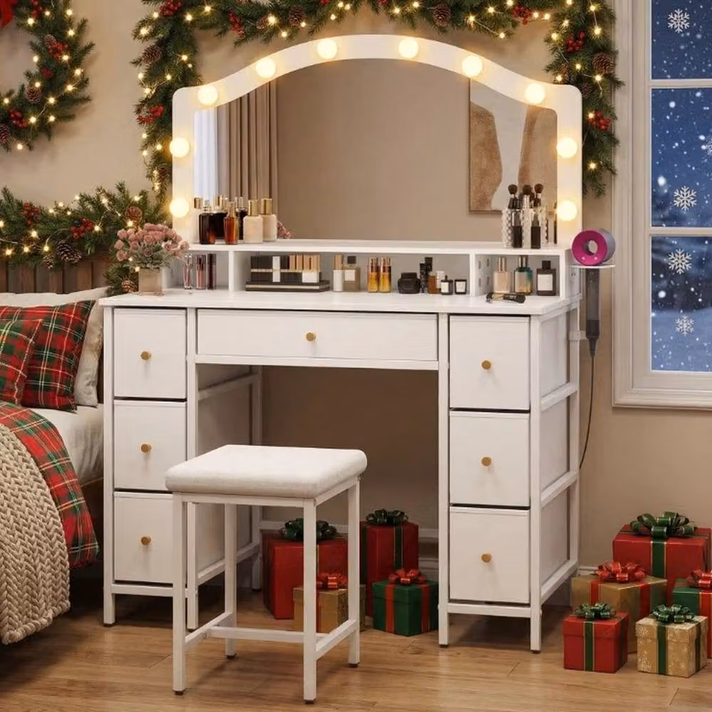 FORGEVIO White Modern Dressing Table and Stool Set with 10 LED Hollywood Bulbs – 2