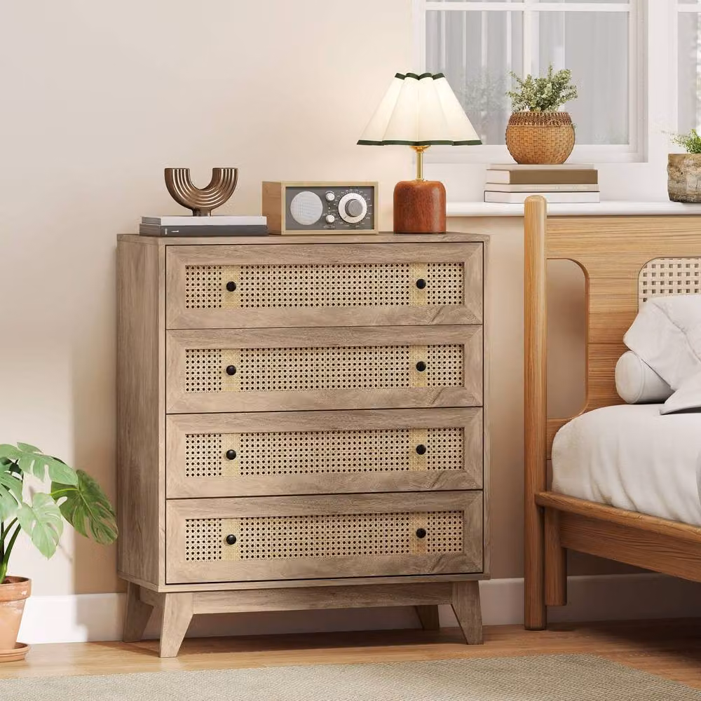 Wyld Haus Mohetak 4 Drawer Wood Effect Chest with Rattan Panels in Natural and Beige, W/D/H: 95 x 35 x 80 cm – 3