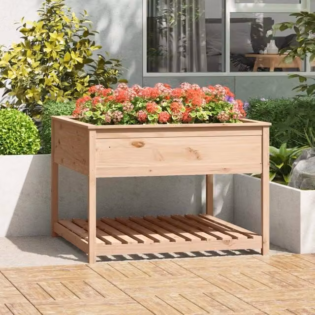 Berkfield Brown Solid Wood Pine Raised Bed Planter with Shelf W: 111.5 cm, D: 111.5 cm, H: 81 cm