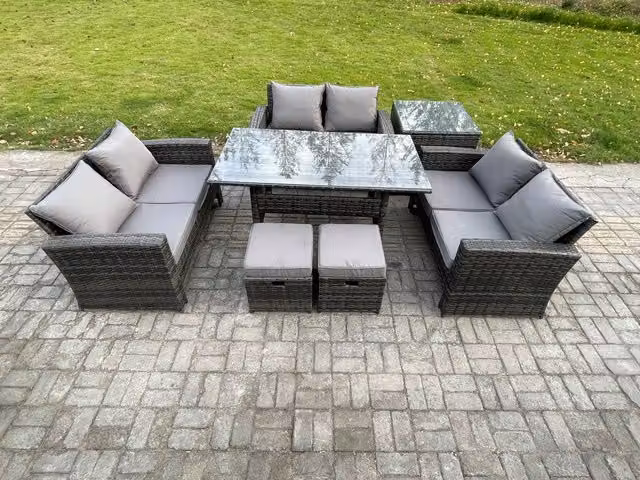 Fimous Dark Grey Wicker PE Rattan Garden Furniture Set with Oblong Dining Table, Double Seat Sofa and Side Table