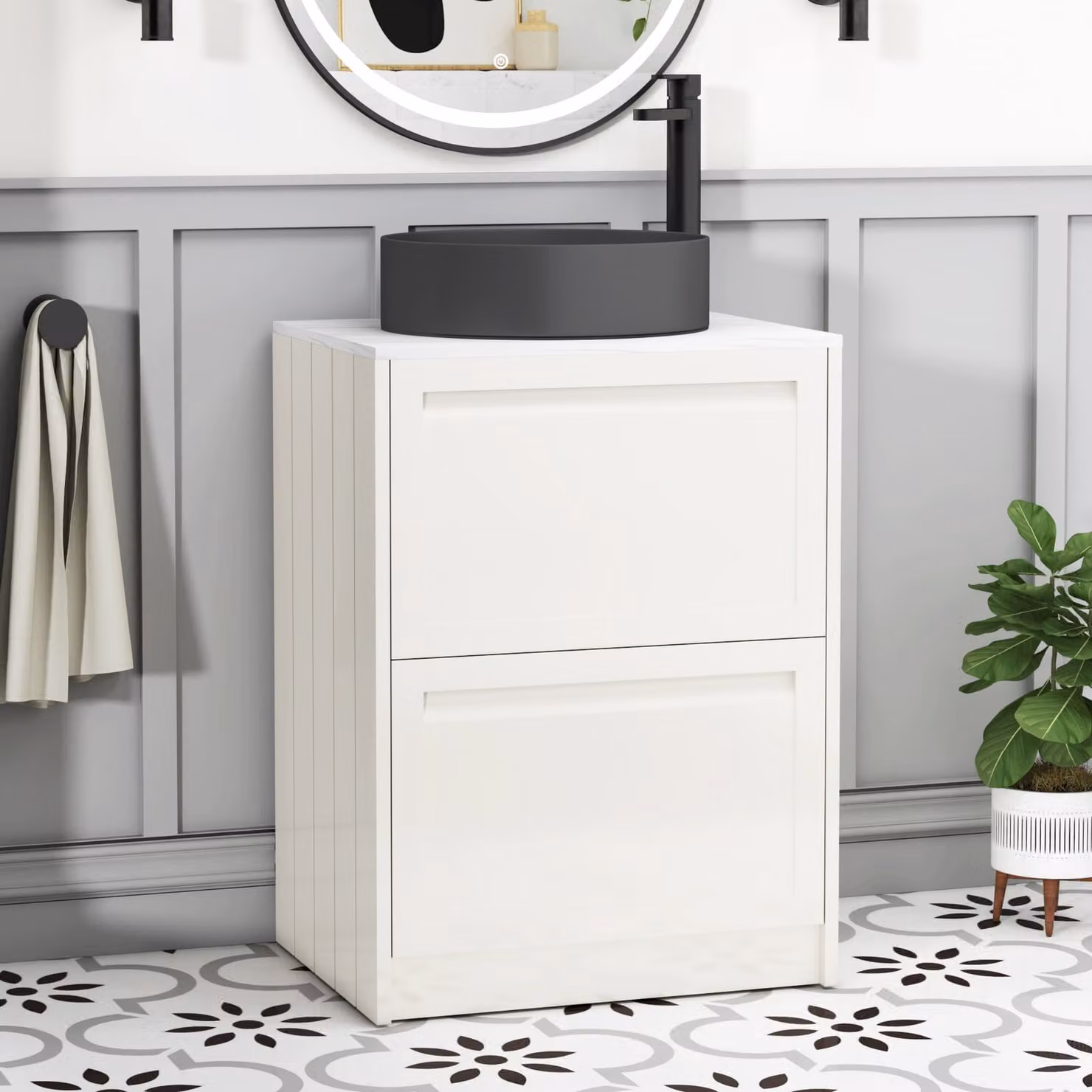 Royal Bathrooms Elmore Classic White Floor Standing Countertop Vanity Unit with 2 Drawers and Art Round Basin