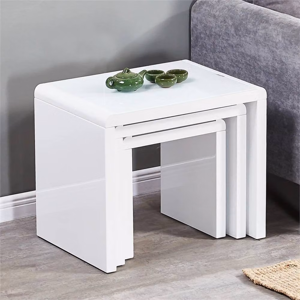 Pawnora Nest of 3 Modern Square Coffee Tables with Glossy White Glass Tops – 3