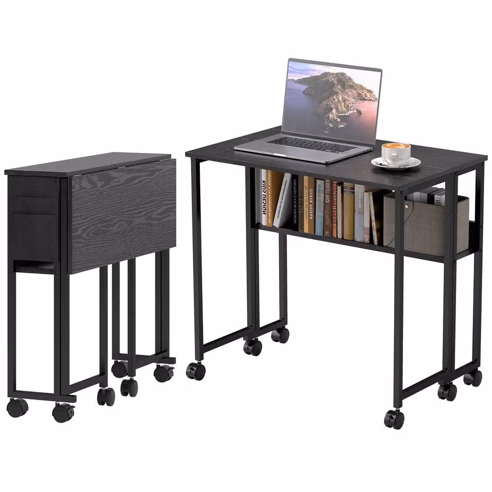 STILVORA Black Foldable Drop Leaf Desk with Castors – 5
