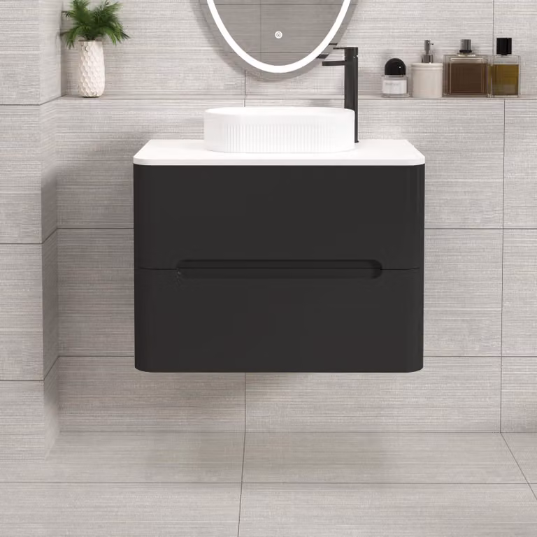 Royal Bathrooms Venice Matt Nocturne Black Wall Hung Vanity Unit with 2 Drawers and Plain White Undrilled Worktop