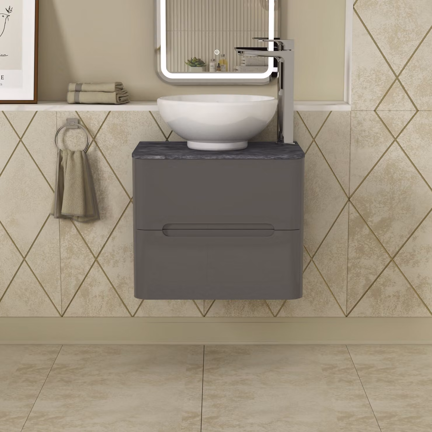 Royal Bathrooms Infinity 600mm Wall Hung Gloss Anthracite Vanity Unit with Black Star Countertop Basin and 2 Drawers