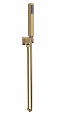 nuie A8264 Modern Square Shower Accessories Set in Brushed Brass with Wall Mount Parking Bracket, Flex Hose and Single Function Handset, Length: 1256 mm