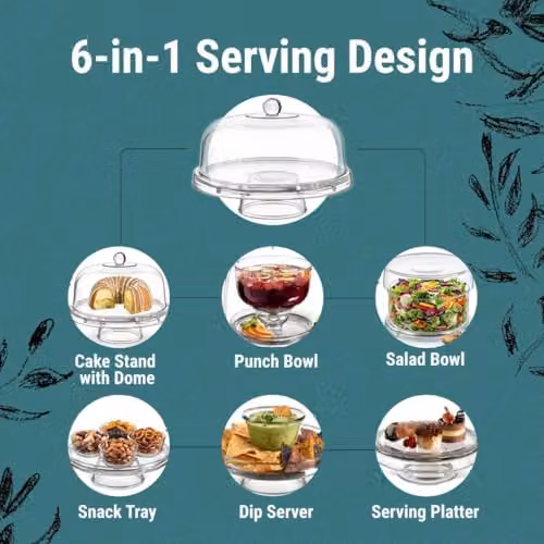 Gr8 Home Multi Functional 6in1 Clear Acrylic Cake Stand and Dome Platter, Round, Transparent, W: 31.0 cm, D: 31.0 cm, H: 17.0 cm – 3