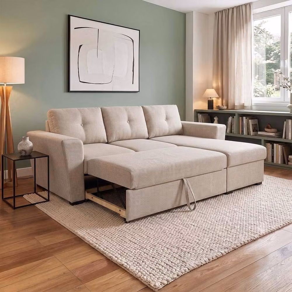 Furnishings For Less UK Oregon L-Shaped Fabric Corner Sofa Bed in Beige, W/D/H: 241 x 157 x 88 cm – 2