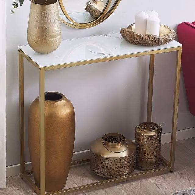 Wyld and Coco Console Table with White Marble Effect Tempered Glass Top and Gold Base, W/D/H: 80 x 30 x 76 cm – 1
