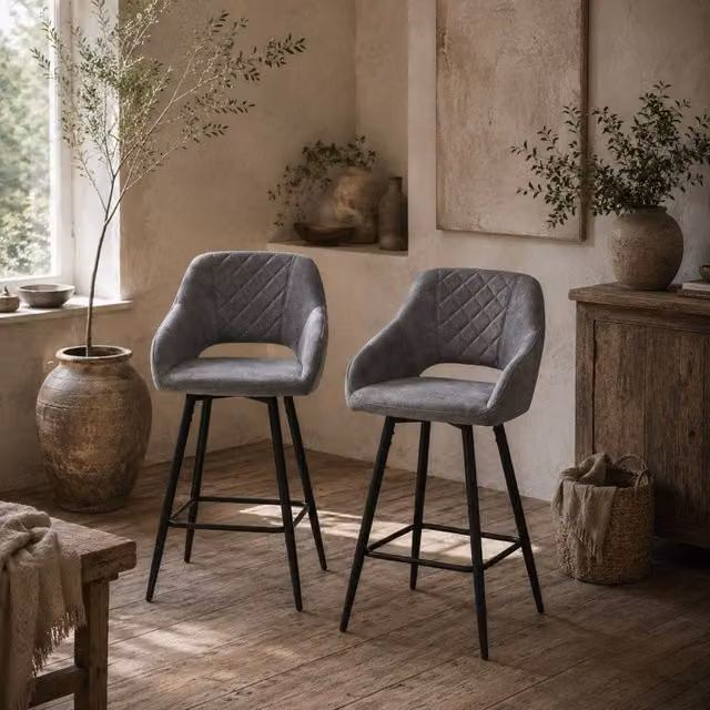 Wyld Haus Zire Set of 2 Grey Velvet Counter Bar Stools with Metal Legs