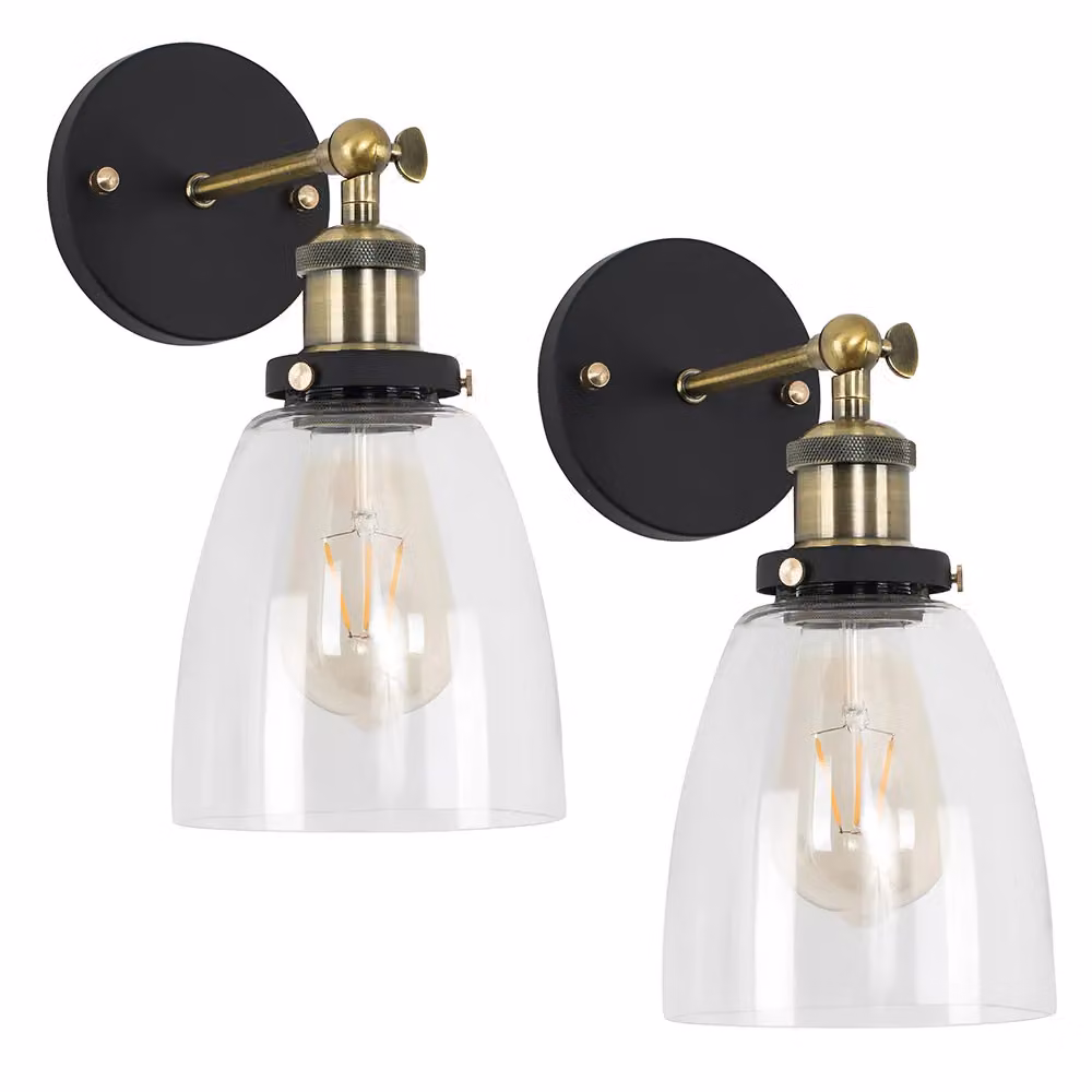 ValueLights Ambrose Industrial Pair of Gold and Black Metal Indoor Wall Lanterns with Transparent Glass – 2