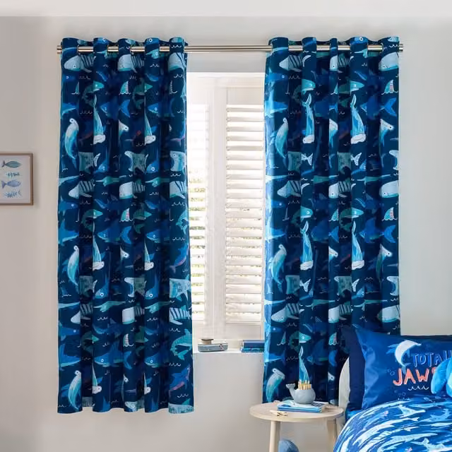 Catherine Lansfield Jawsome Shark Reversible Eyelet Curtains, Navy Blue, W: 66'' x H: 72''