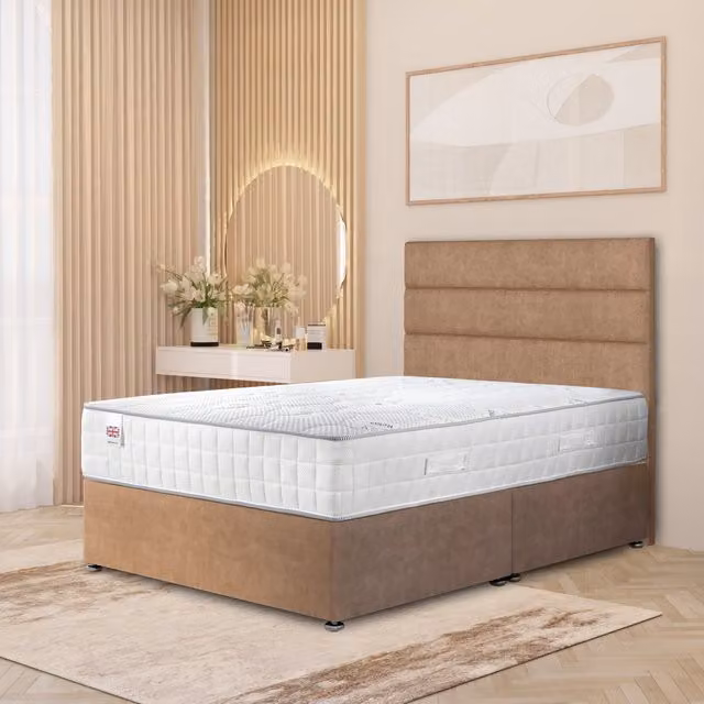 Somnior Beds Ltd Modern Upholstered Microfibre Divan Bed Set with Headboard and Drawers, Beige/Brown, W/D/H: 90 x 190 cm