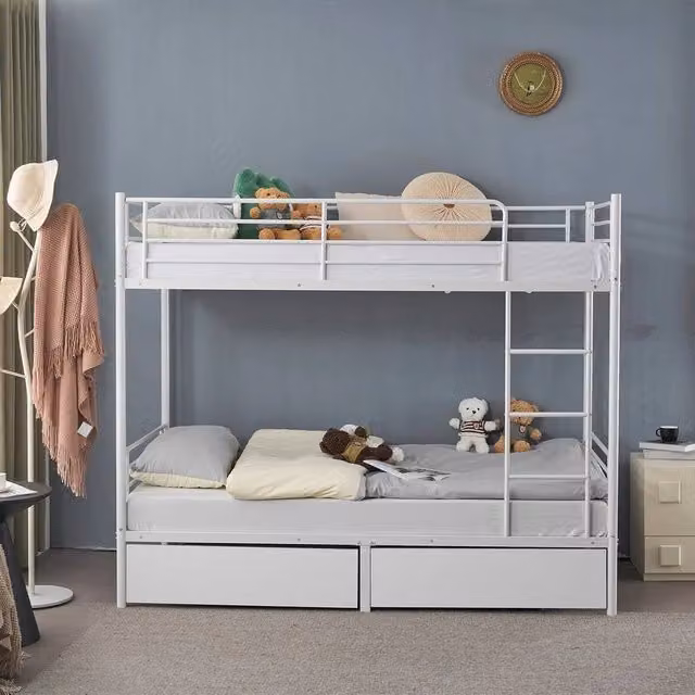 KORVIXA Heavy Duty Metal Bunk Bed with 2 Storage Drawers in White, Single Size 90 x 200 cm
