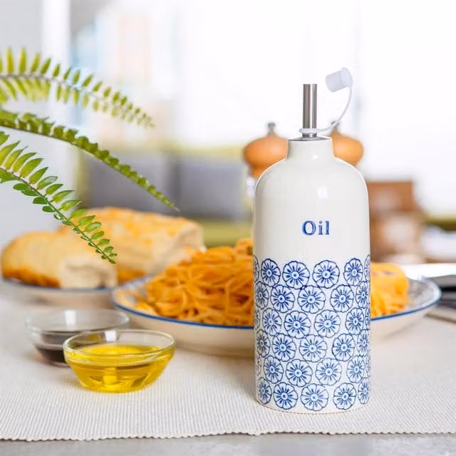 Nicola Spring Hand-Printed Olive Oil Pourer Bottle, 500ml, Blue and White