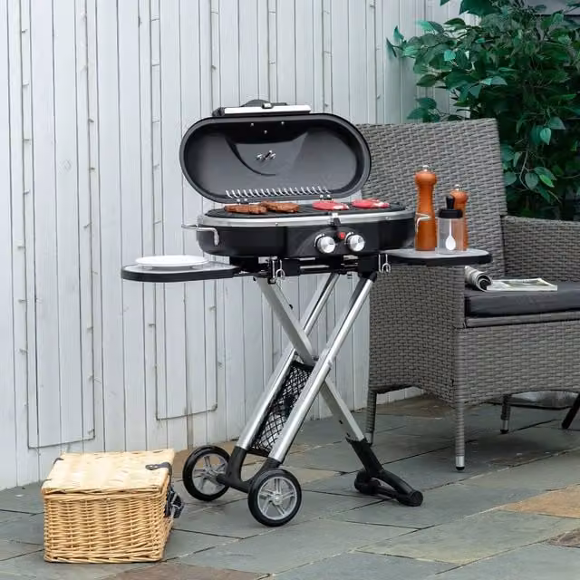 OUTSUNNY 2 Burner Gas BBQ Grill Trolley with Side Shelves and Thermometer in Black – 1