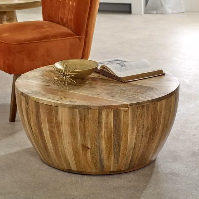 IH Design Bratton Mango Wood Drum Coffee Table in Brown, W/D/H: 80 x 80 x 35 cm