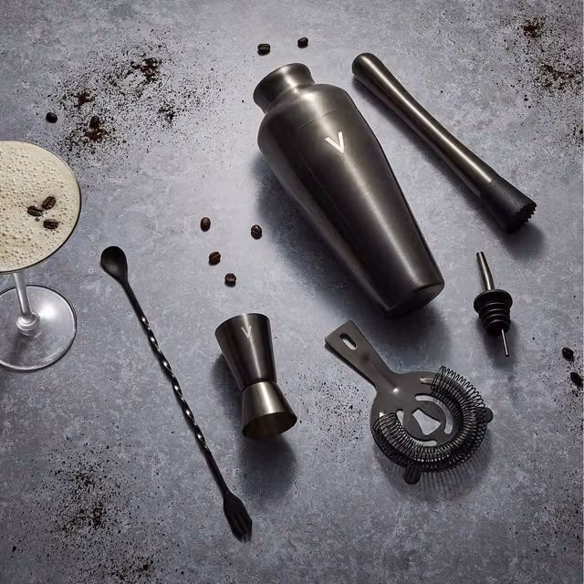 VonShef 6-Piece Stainless Steel Parisian Cocktail Shaker Set with Accessories in Anthracite Grey