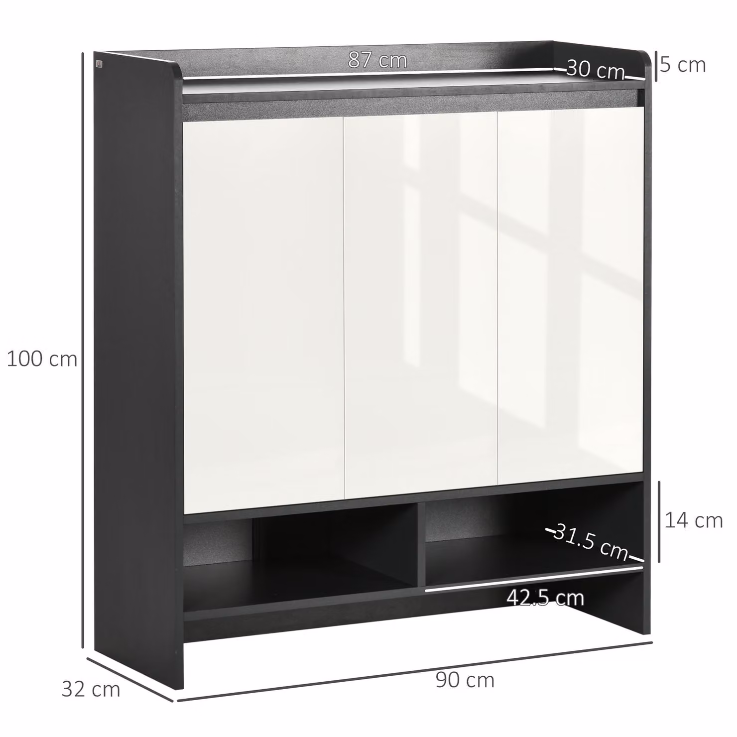 HOMCOM High Gloss Grey and White Shoe Cabinet with Hinged Doors and Open Shelves for 24 Pairs – 3