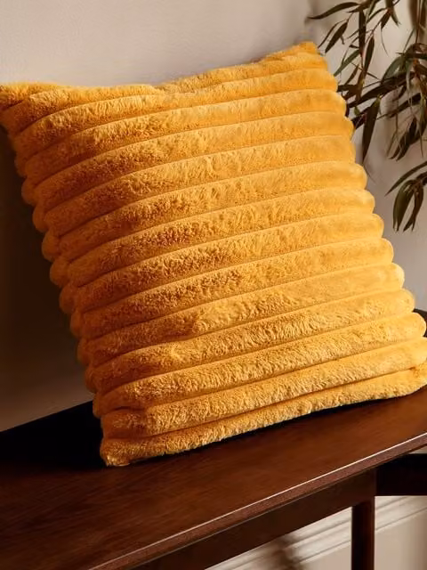 Catherine Lansfield Cosy Ribbed Faux Fur Soft Touch Square Cushion in Yellow, W/D/H: 45 x 45 x 45 cm