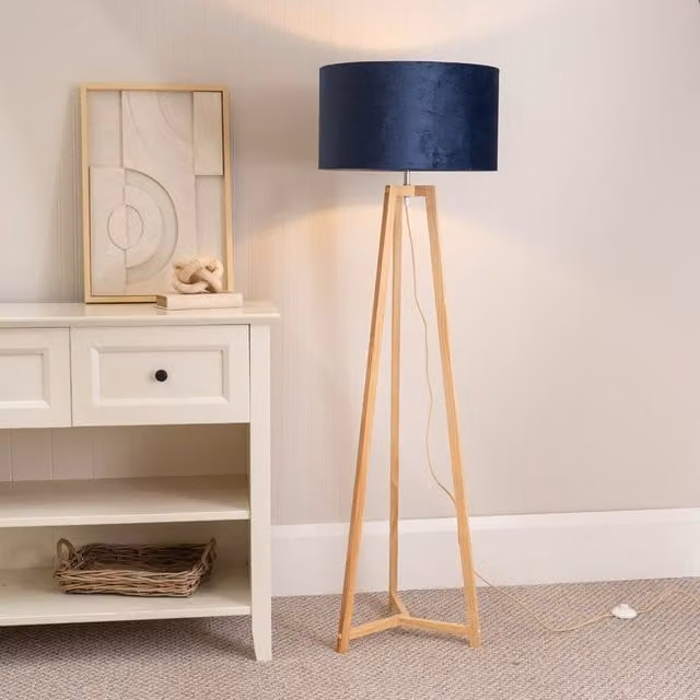 ValueLights Lottie Natural Wood Tripod Floor Lamp with Blue Velvet Drum Shade and LED Bulb, H 148 cm x W 45 cm x D 45 cm
