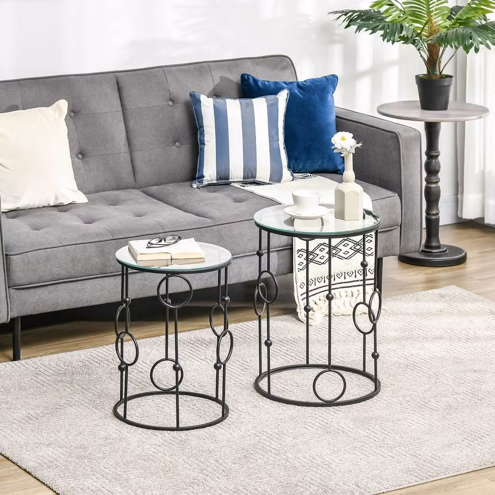 STILVORA Nesting Round Coffee Table Set of 2 with Black Glass and Metal Tops – 2