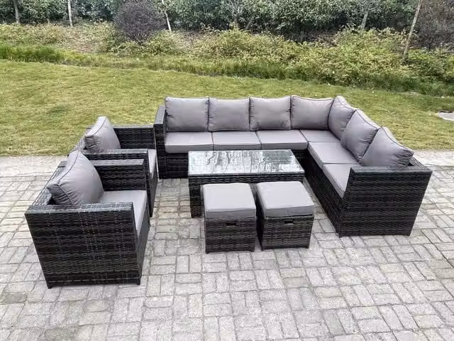 Fimous 10 Seater Rattan Corner Sofa Set with Rectangular Coffee Table and 2 Stools, Right Hand, Dark Grey
