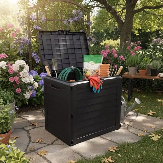 Gr8 Garden 140L Plastic Outdoor Garden Storage Box and Cushion Chest in Matt Anthracite Grey (W: 55.5 cm, D: 46.0 cm, H: 46.0 cm)