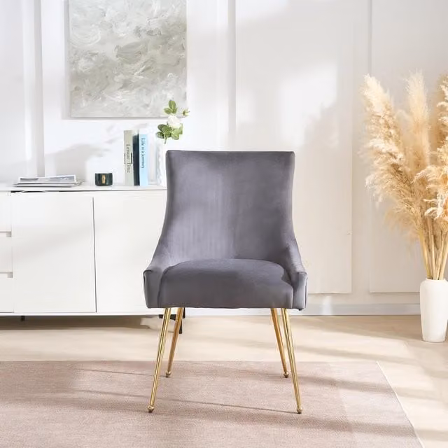 Life Interiors Viviana Velvet Dining Chairs with Gold Legs and Ring Handle, Grey