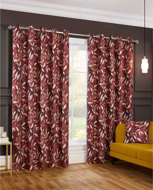 Sundour Madrid Blackout Thermal Eyelet Curtains and Cushion Cover in Bottle Green and Wine with Floral Nature Design
