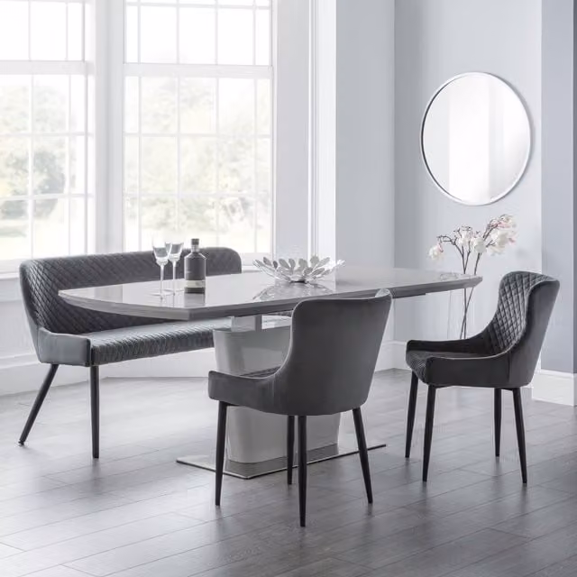Julian Bowen Como Grey High Gloss Extendable Oval Dining Table, Luxe Bench and Luxe Chairs Set