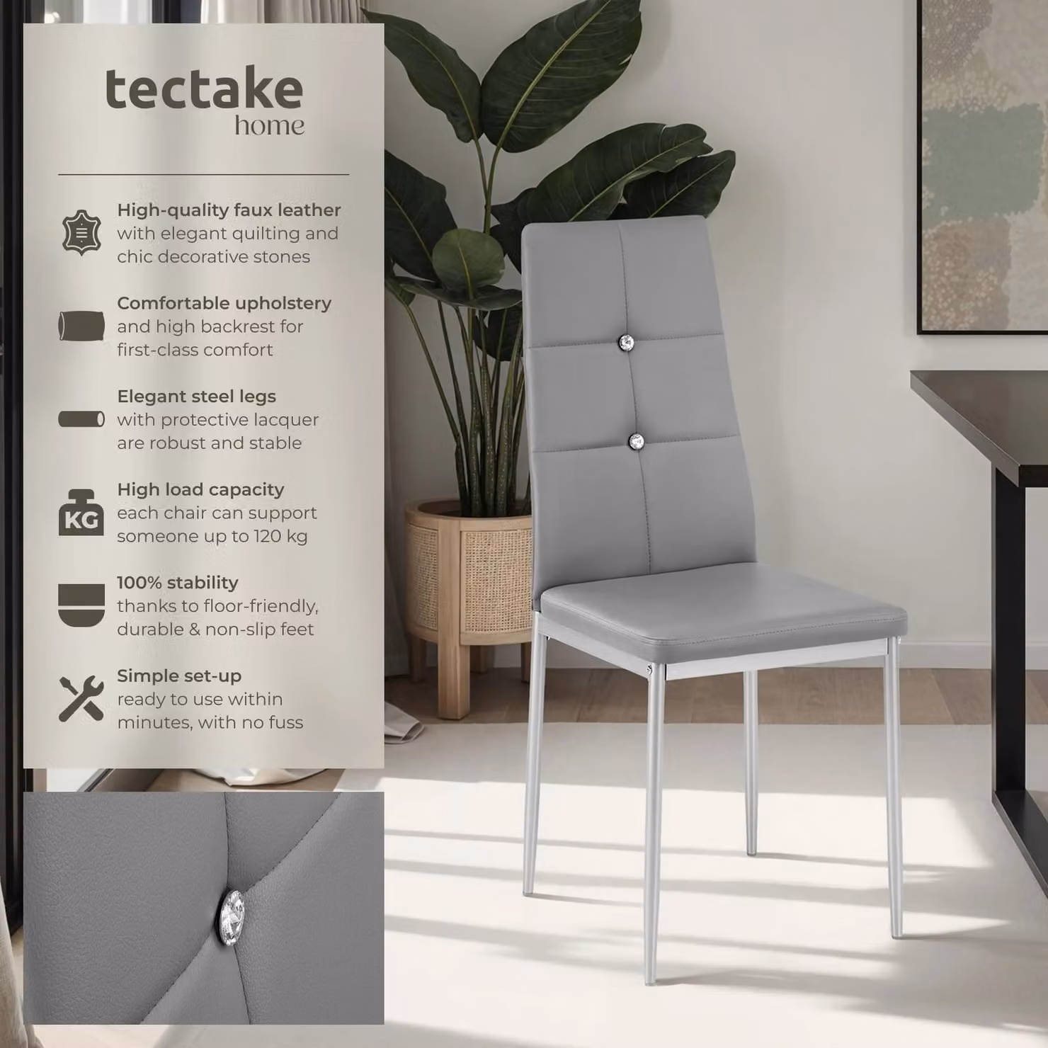 tectake Julien Set of 6 Modern Dining Chairs in Grey Synthetic Leather – 2