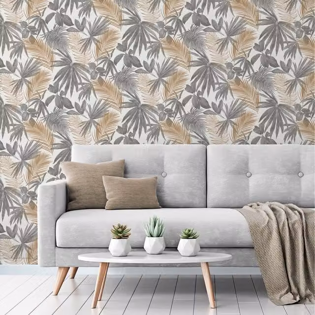 Grandeco Wild Palm Botanical Floral Textured Wallpaper in Green, Petrol, Copper and Gold