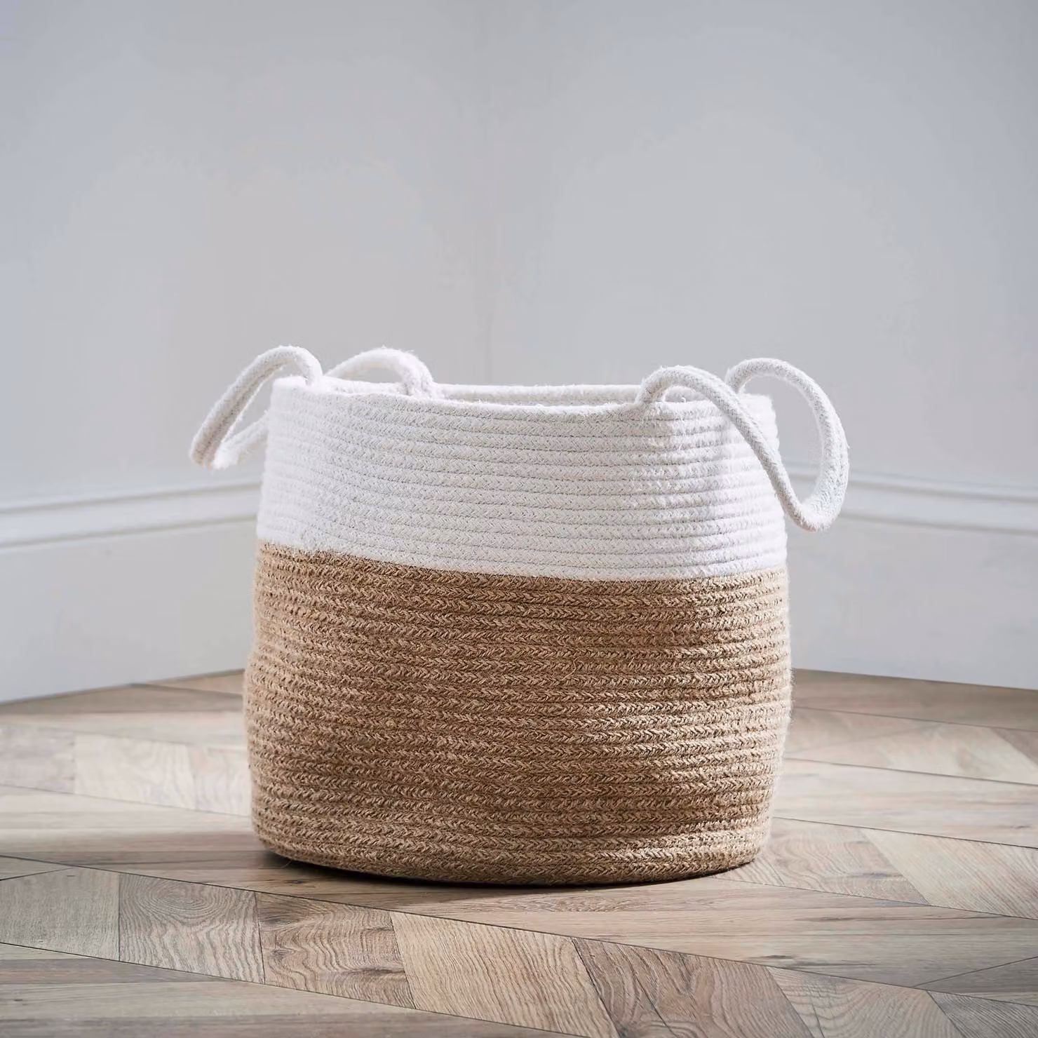 Murmur White Cotton and Wood Open Weave Storage Basket with Handles – 2