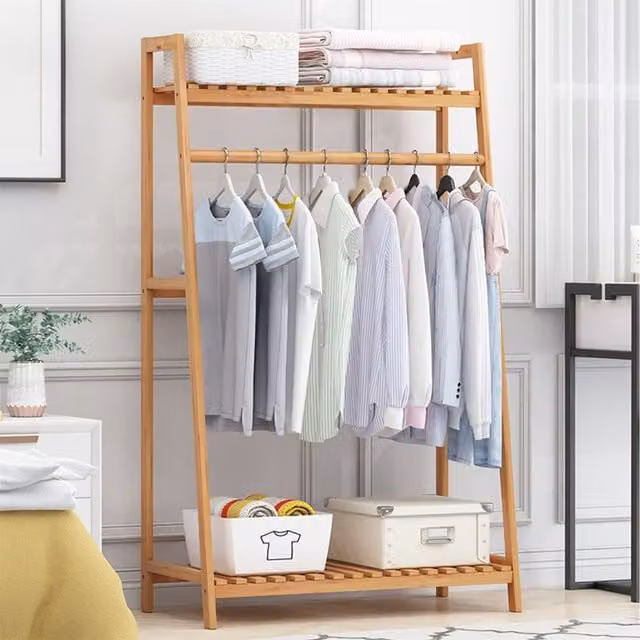 Komore Minimalist Brown Wood Clothes Rail with Continuous Linear Rail