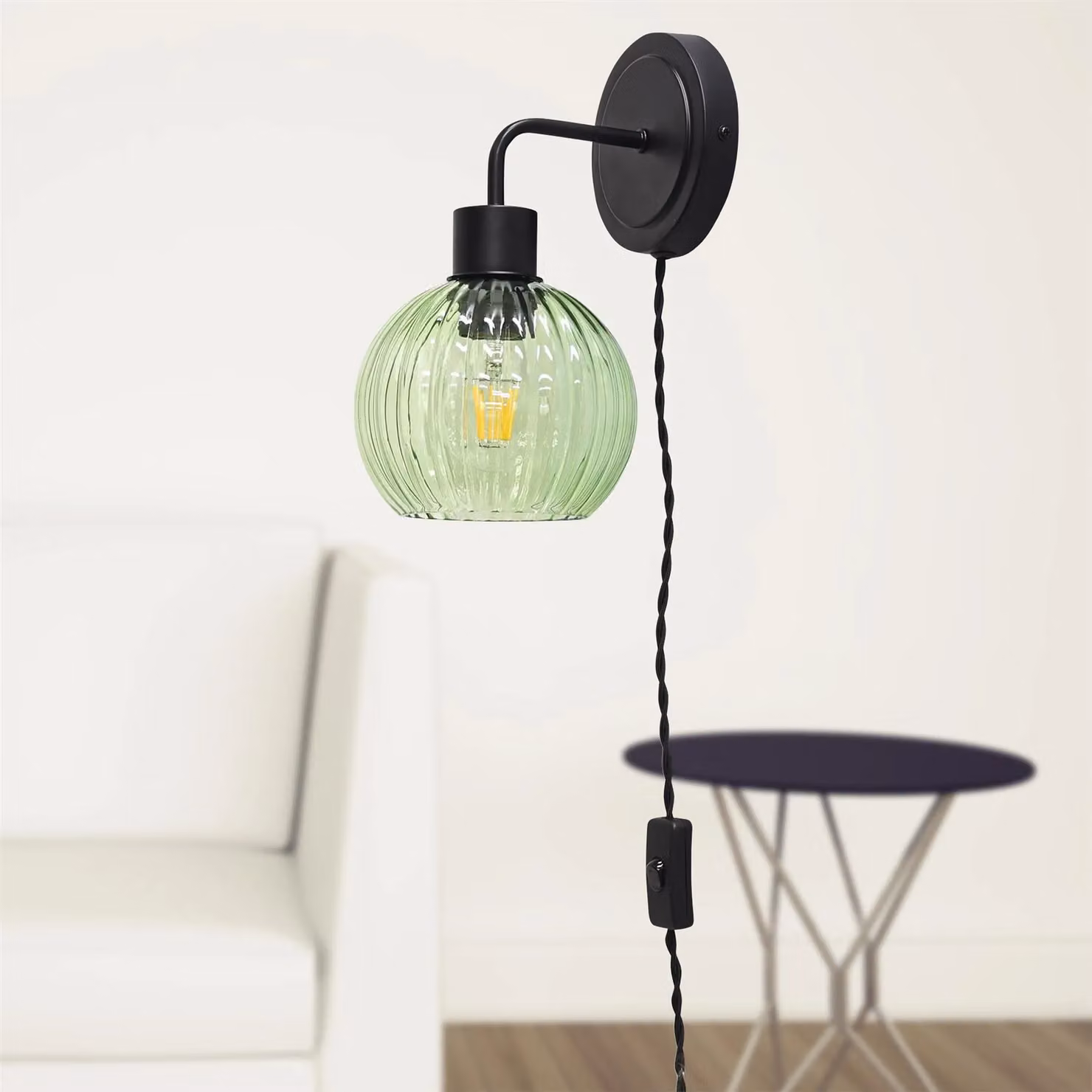 First Choice Lighting Toby Set of 2 Black Plug-in Wall Lights with Green Ribbed Glass Shades – 3