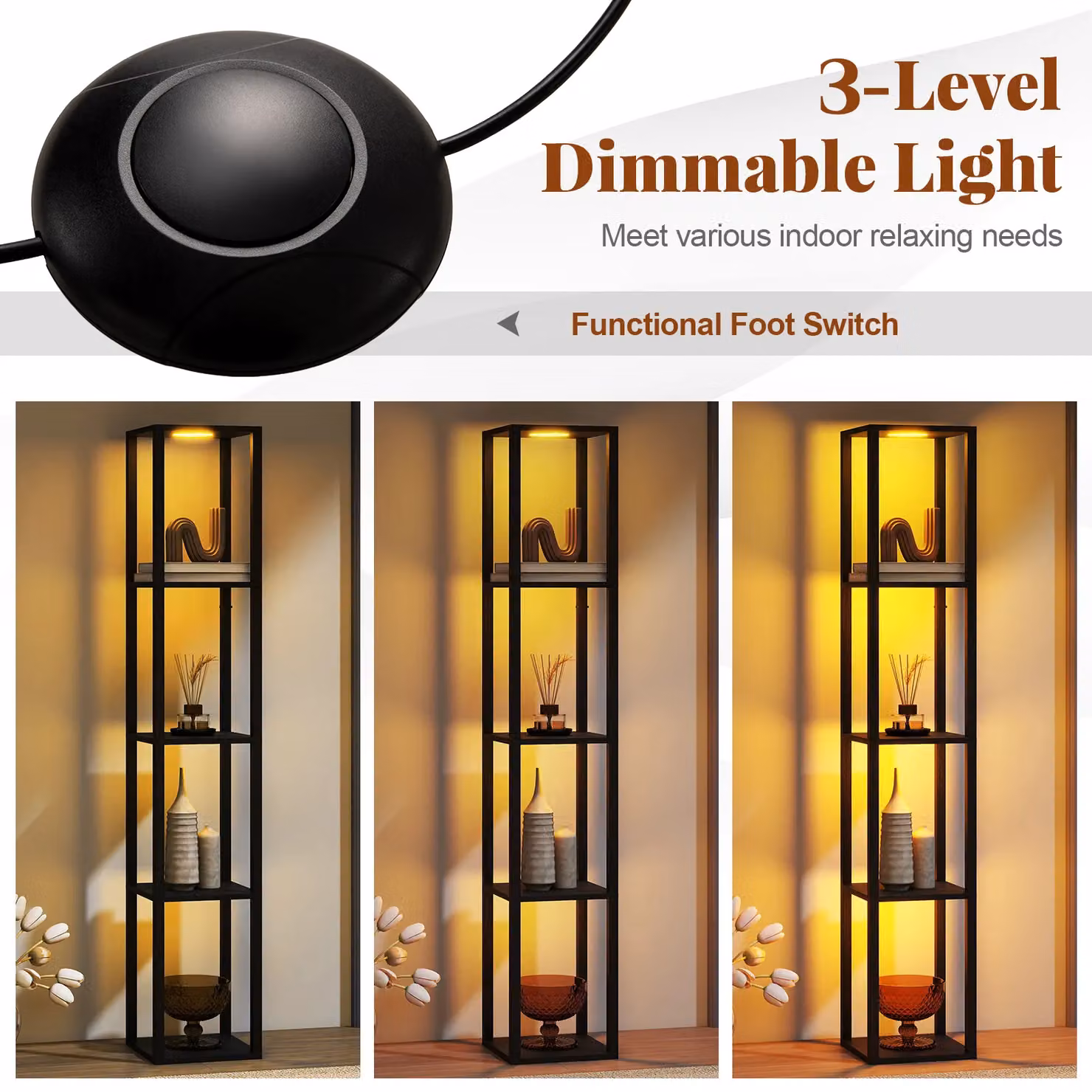 Costway Black LED Floor Lamp with 4-Tier Wood and Metal Shelves and Dimmable Adjustable Lighting – 8
