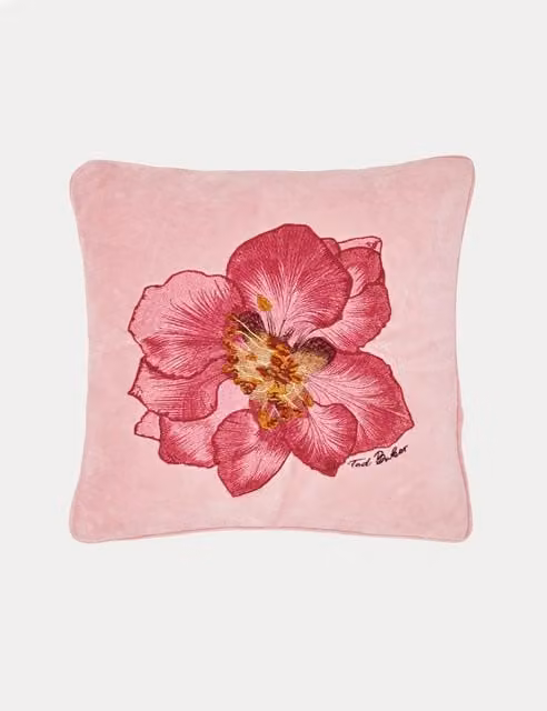 Ted Baker Pink Velvet Floral Embroidered Square Cushion
