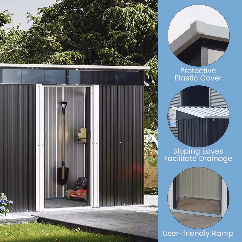 Living and Home Metal Garden Storage Shed with Pent Roof, Double Lockable Sliding Doors and Foundation Base, Charcoal Black – 5