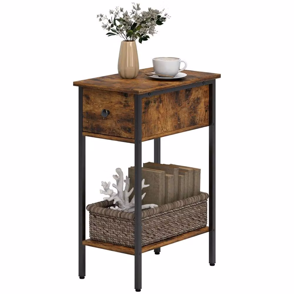 FURNOS 2 Tier Narrow Side End Table with Drawer, Brown and Black Industrial Style, W/D/H: 39.8 x 25.0 x 58.2 cm – 7