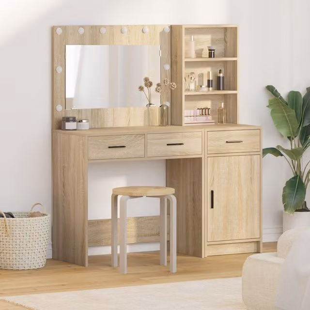 Berkfield Home 2-Piece Modern Hollywood LED Dressing Table Set in Brown Sonoma Oak – 1