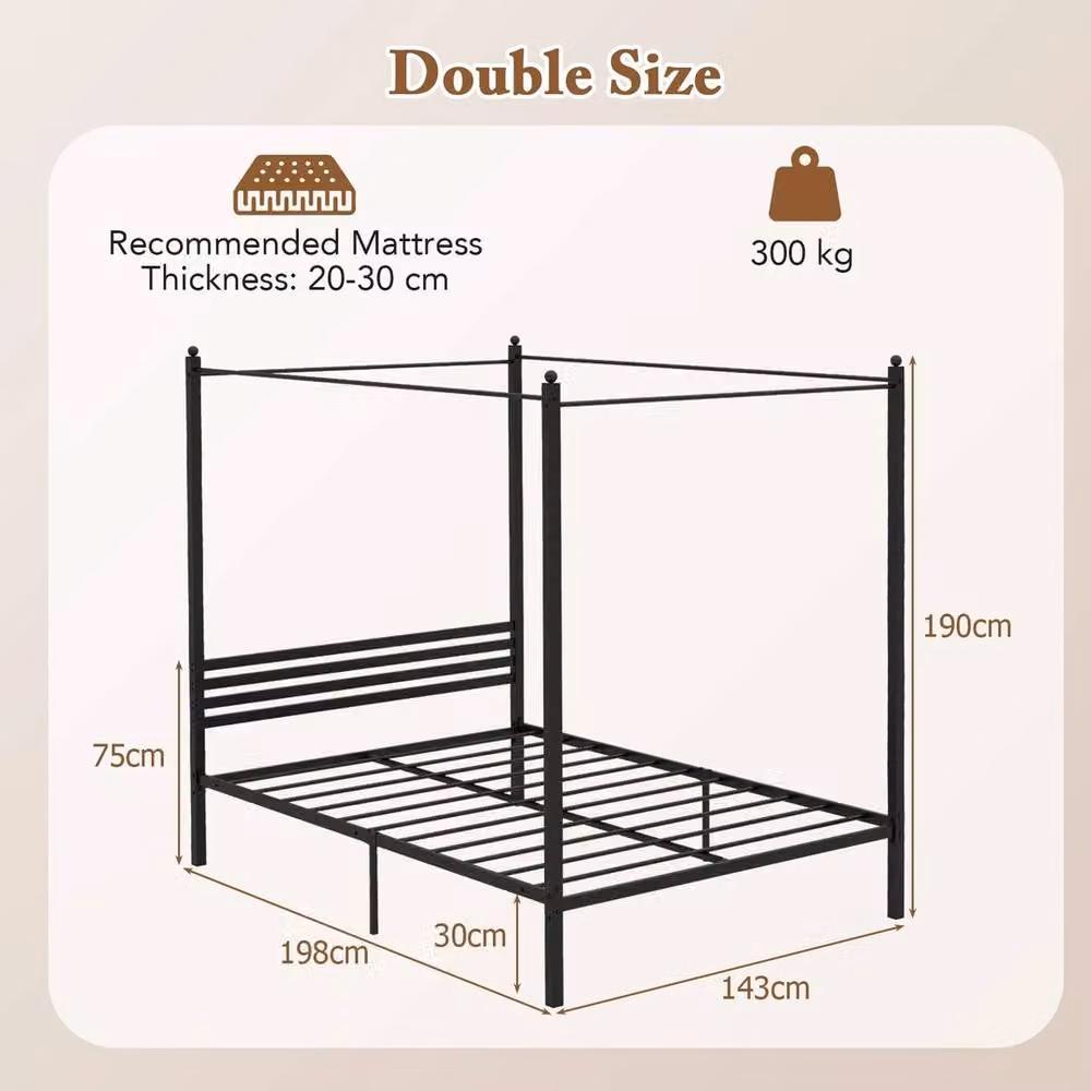 NESTLUNE Black Metal 4-Poster Canopy Bed Frame, W/D/H: 140 x 200 cm – 2