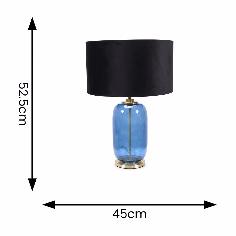 ValueLights Leigh Velvet Drum Shade Table Lamp with Navy Blue Glass and Gold Trim in Black – 2